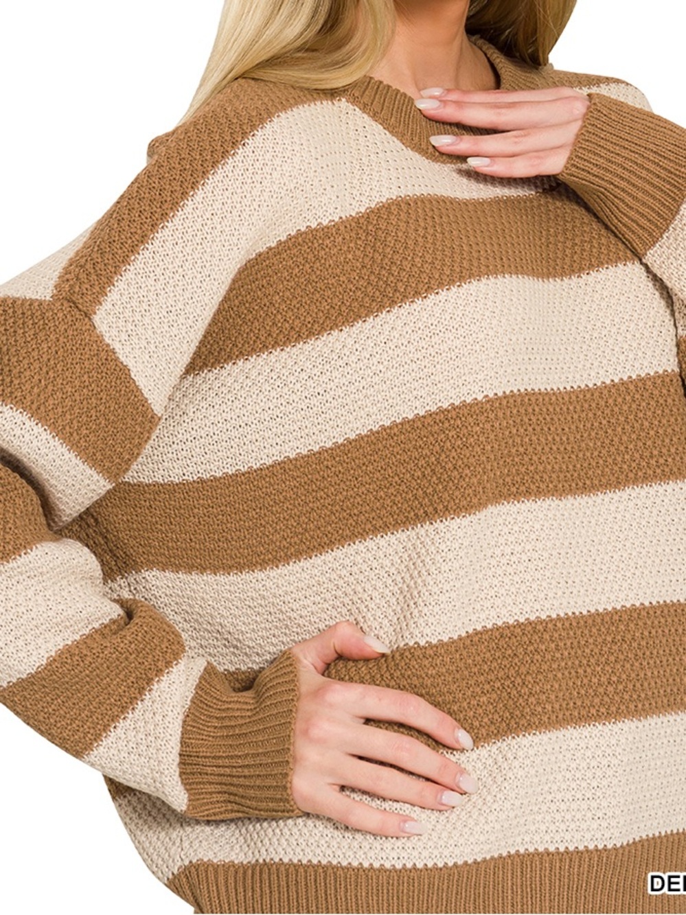 “ Varsity Coast “ Stripe Drop Shoulder Sweater | Deep Camel & Cornflower Blue - Picture 6 of 9